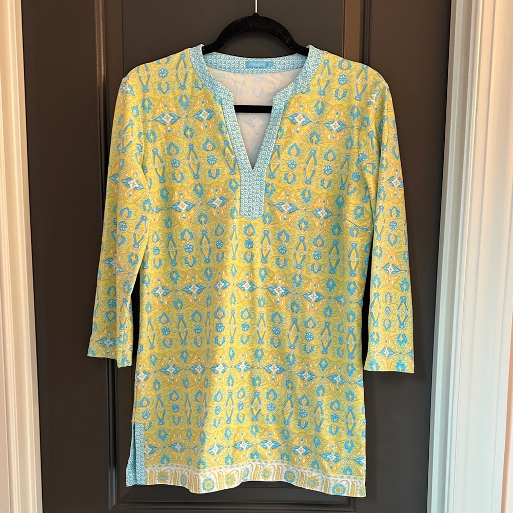 J McLaughlin‎ Yellow Blue Vacay Ocean Wave Guard Stretchy Tunic Top M